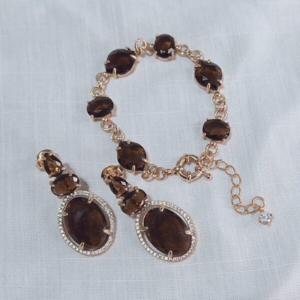 CONJUNTO PULSEIRA E BRINCOS MARROM PEDRAS - BANHADO À OURO 18 K