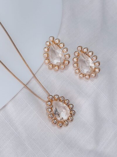 CONJUNTO COLAR E BRINCOS ESMERALDA INCOLOR - BANHADO À OURO 18 K